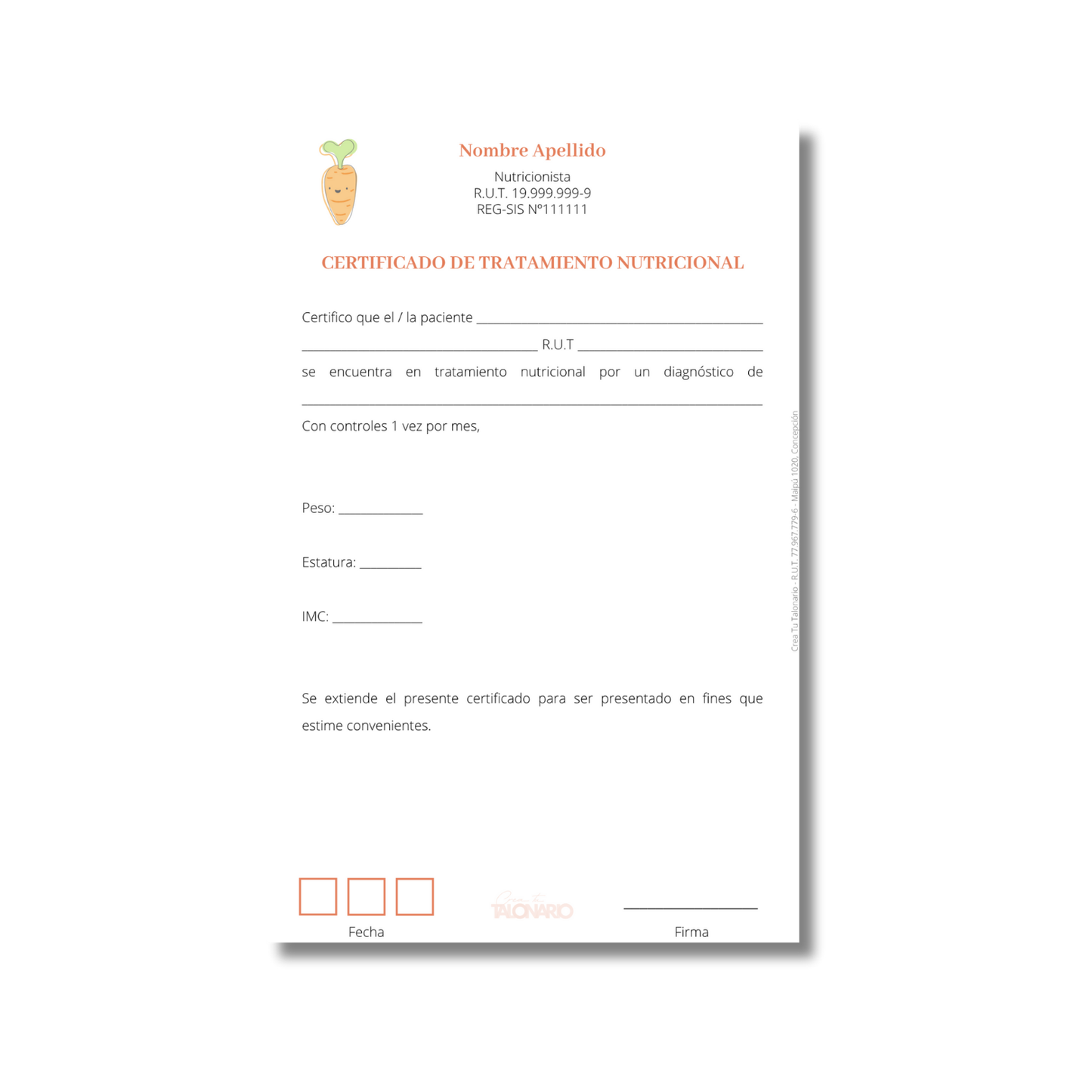 Talonario para nutricionistas diseño predeterminado - 100 hojas