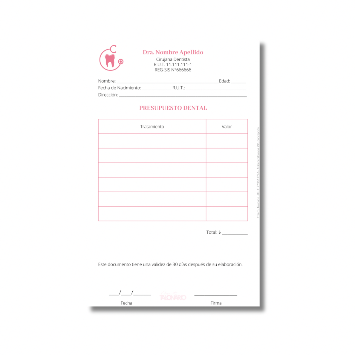 PROMO 3 Talonarios para odontólogos diseño predeterminado - 100 hojas