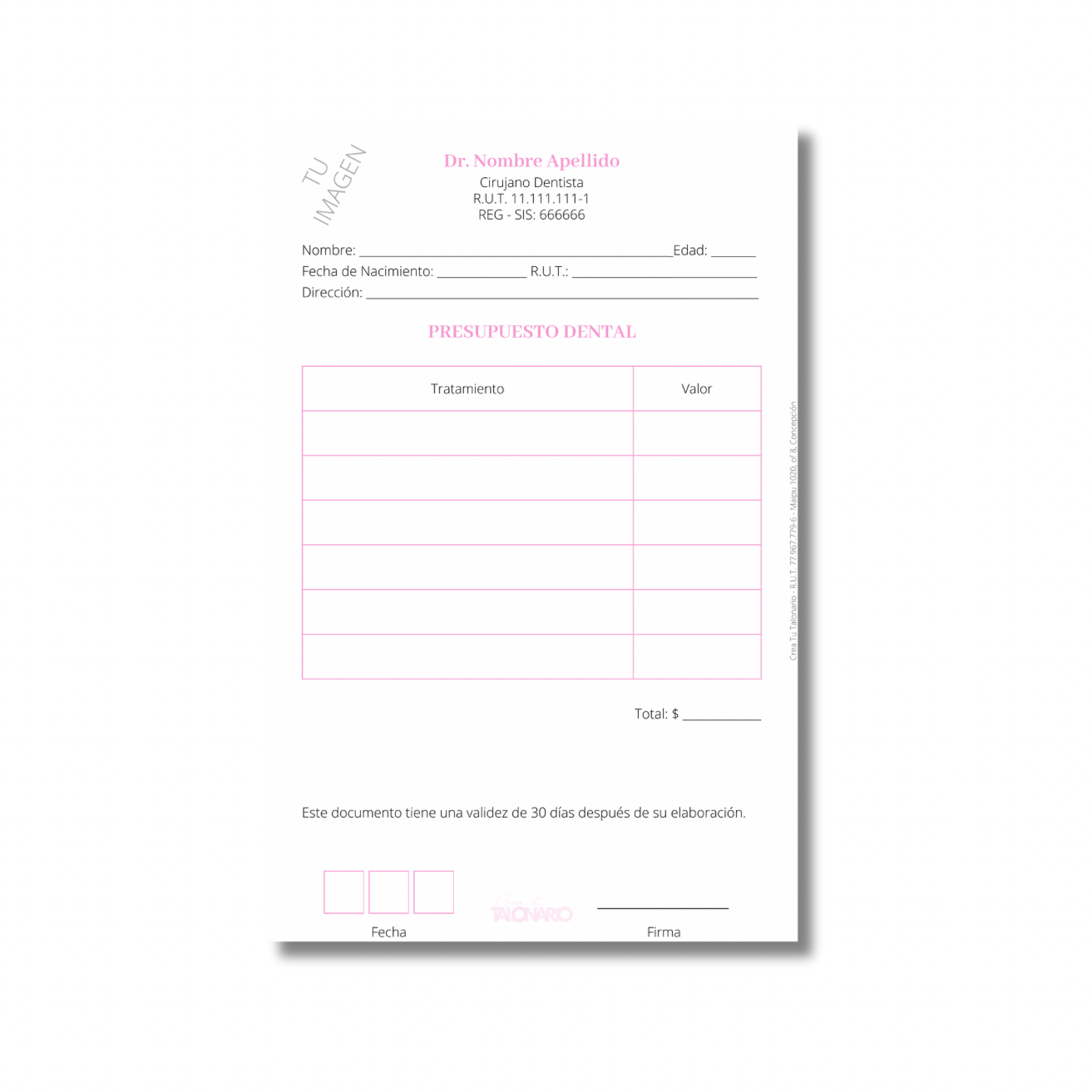 Talonario para Odontólogos personalizado - 100 hojas