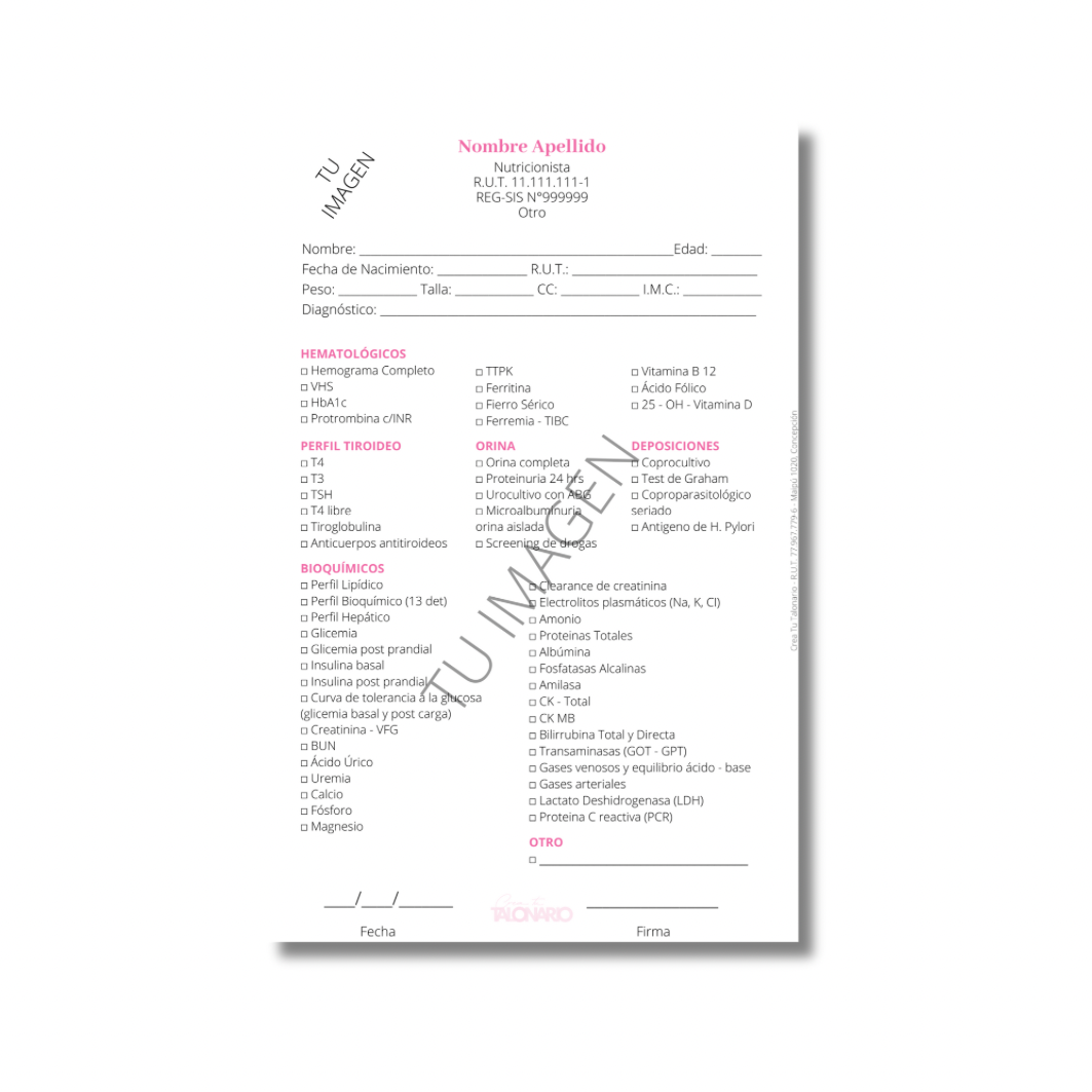 Talonario para Nutricionista personalizado - 100 hojas