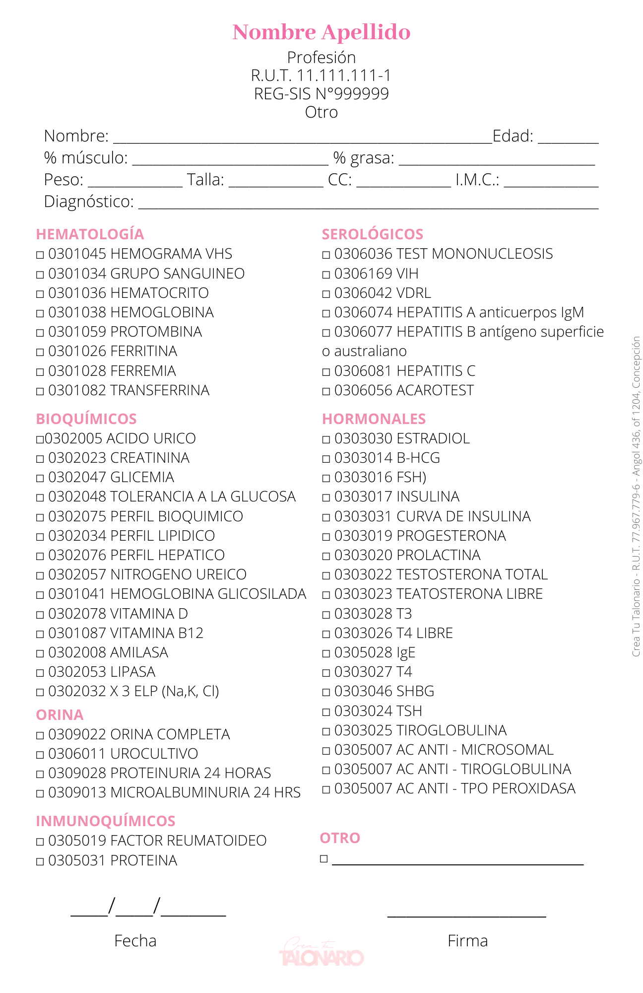 Talonario para Nutricionista personalizado - 100 hojas