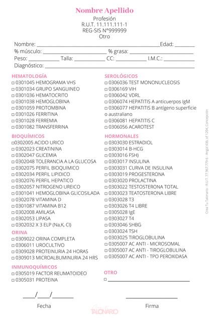 Talonario para Nutricionista personalizado - 100 hojas