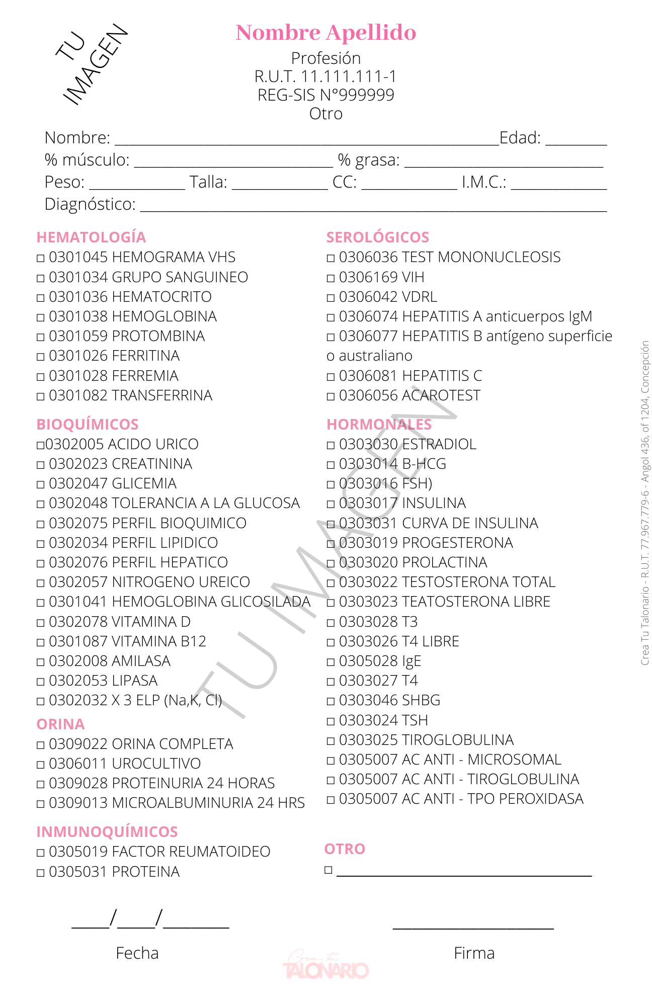 Talonario para Nutricionista personalizado - 100 hojas