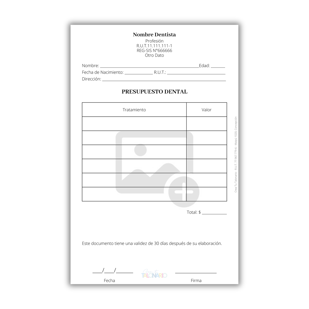 Talonario para Odontólogos personalizado - 100 hojas