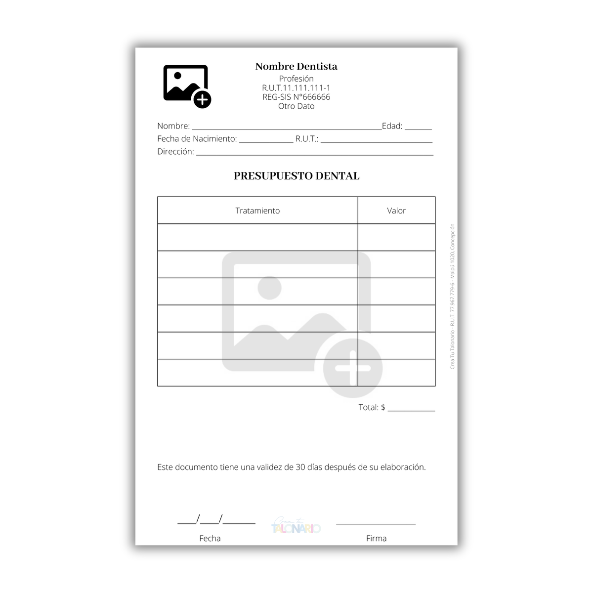 Talonario para Odontólogos personalizado - 100 hojas