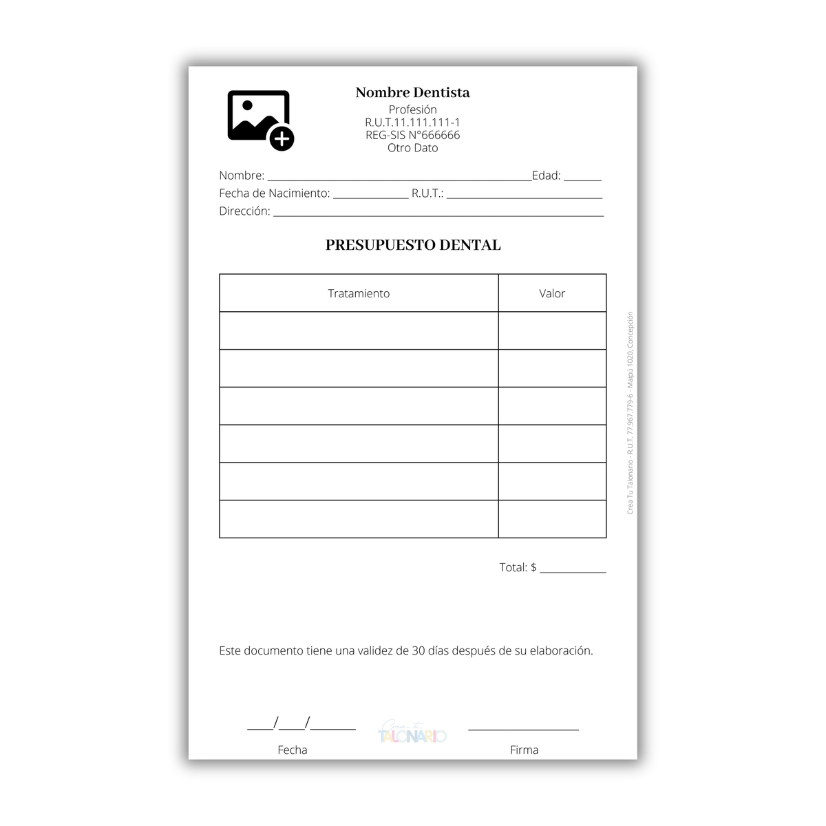 Talonario para Odontólogos personalizado - 100 hojas