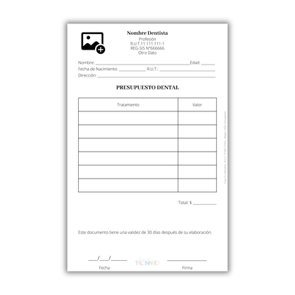 Talonario para Odontólogos personalizado - 100 hojas