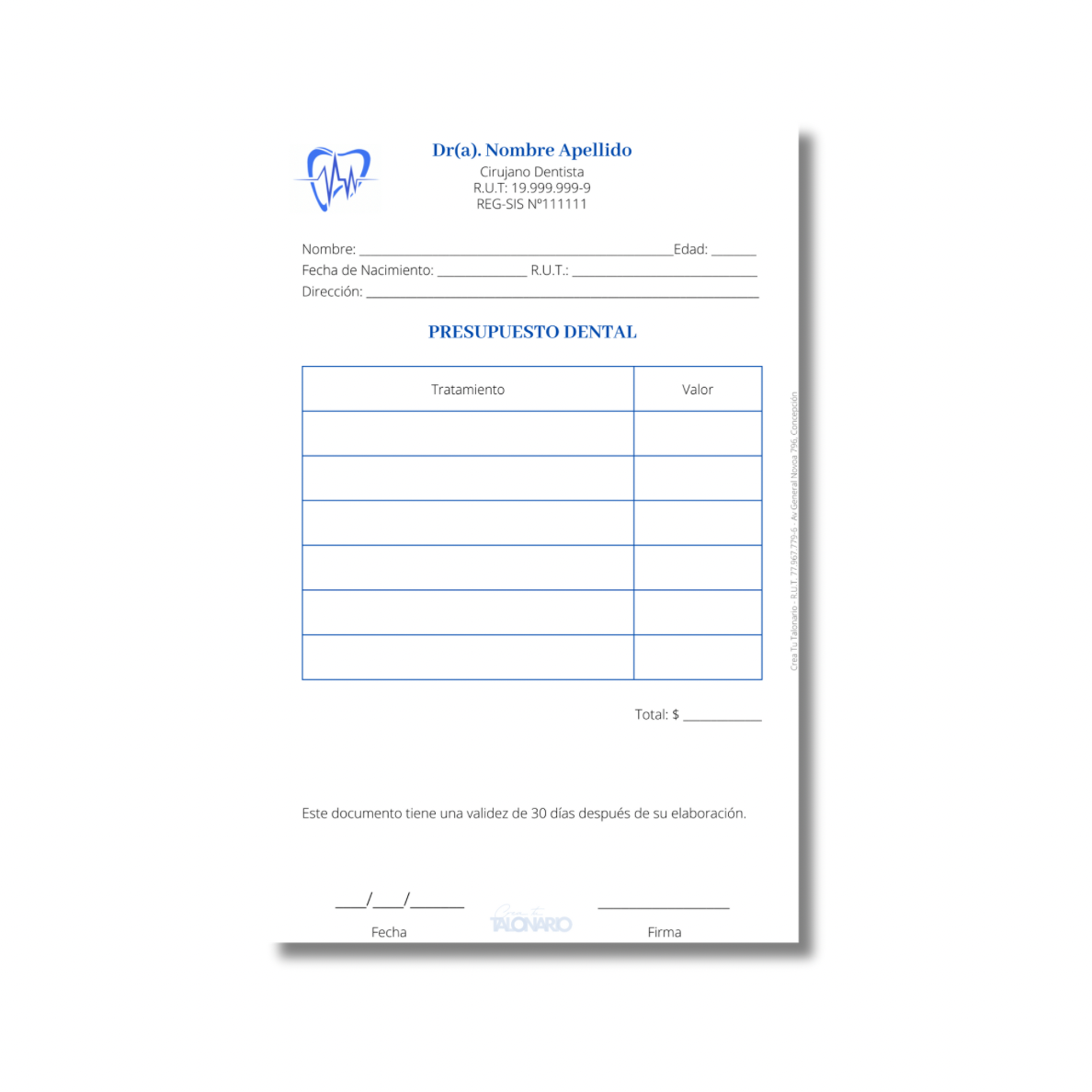 Talonario para odontólogos diseño predeterminado - 100 hojas