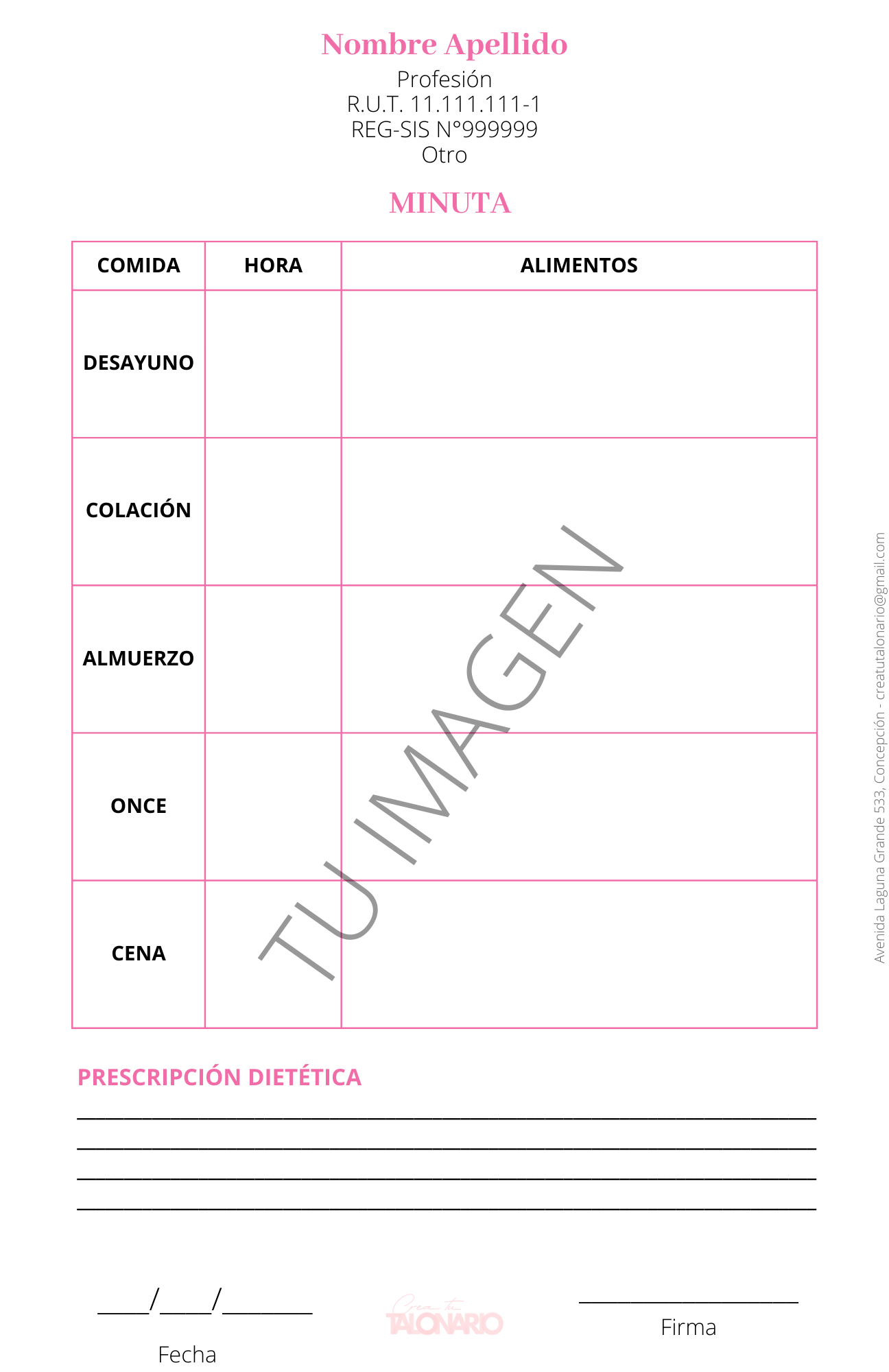 Talonario para Nutricionista personalizado - 100 hojas