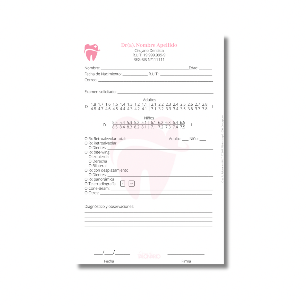 Talonario para odontólogos diseño predeterminado - 100 hojas