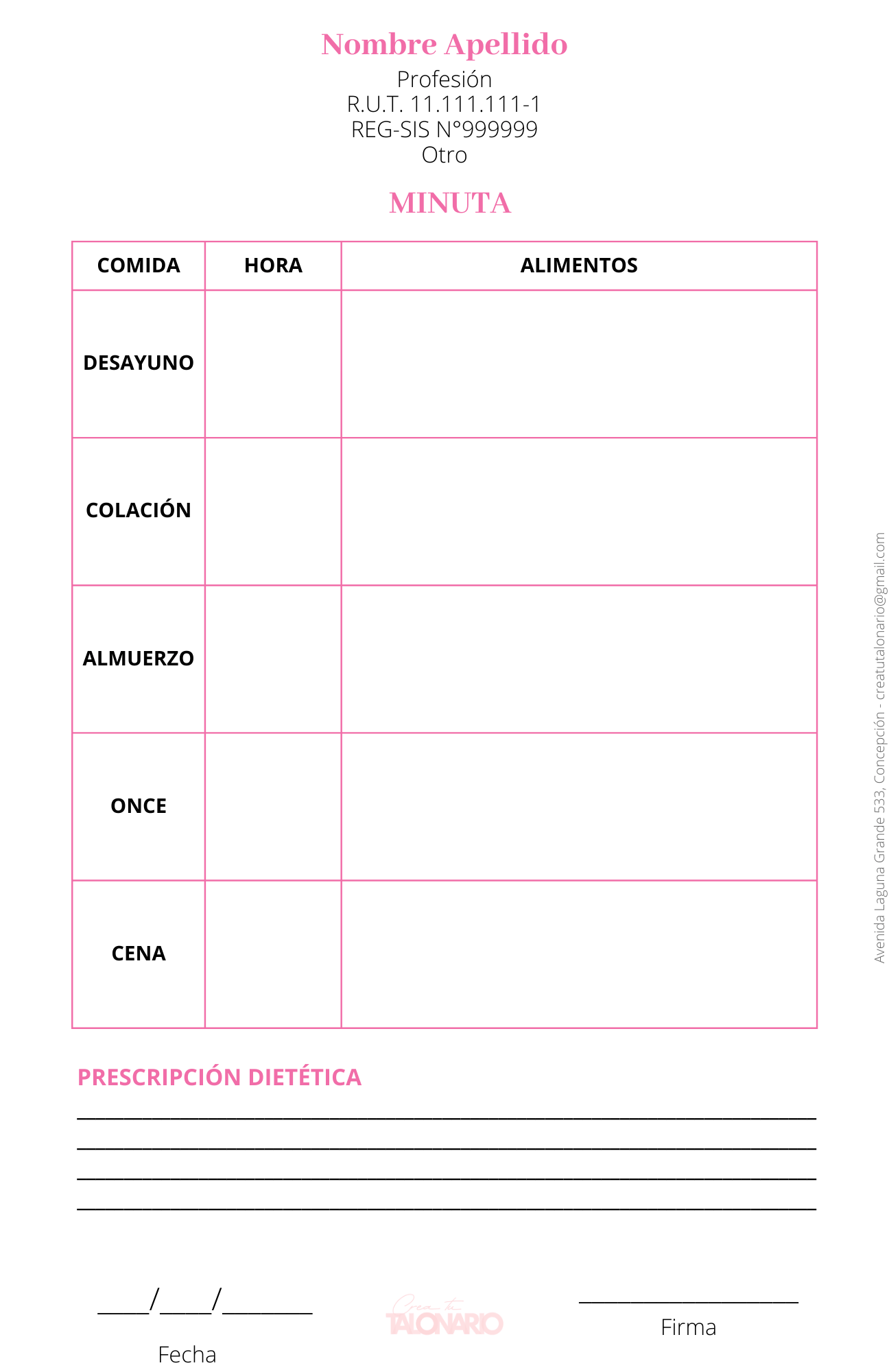 Talonario para Nutricionista personalizado - 100 hojas