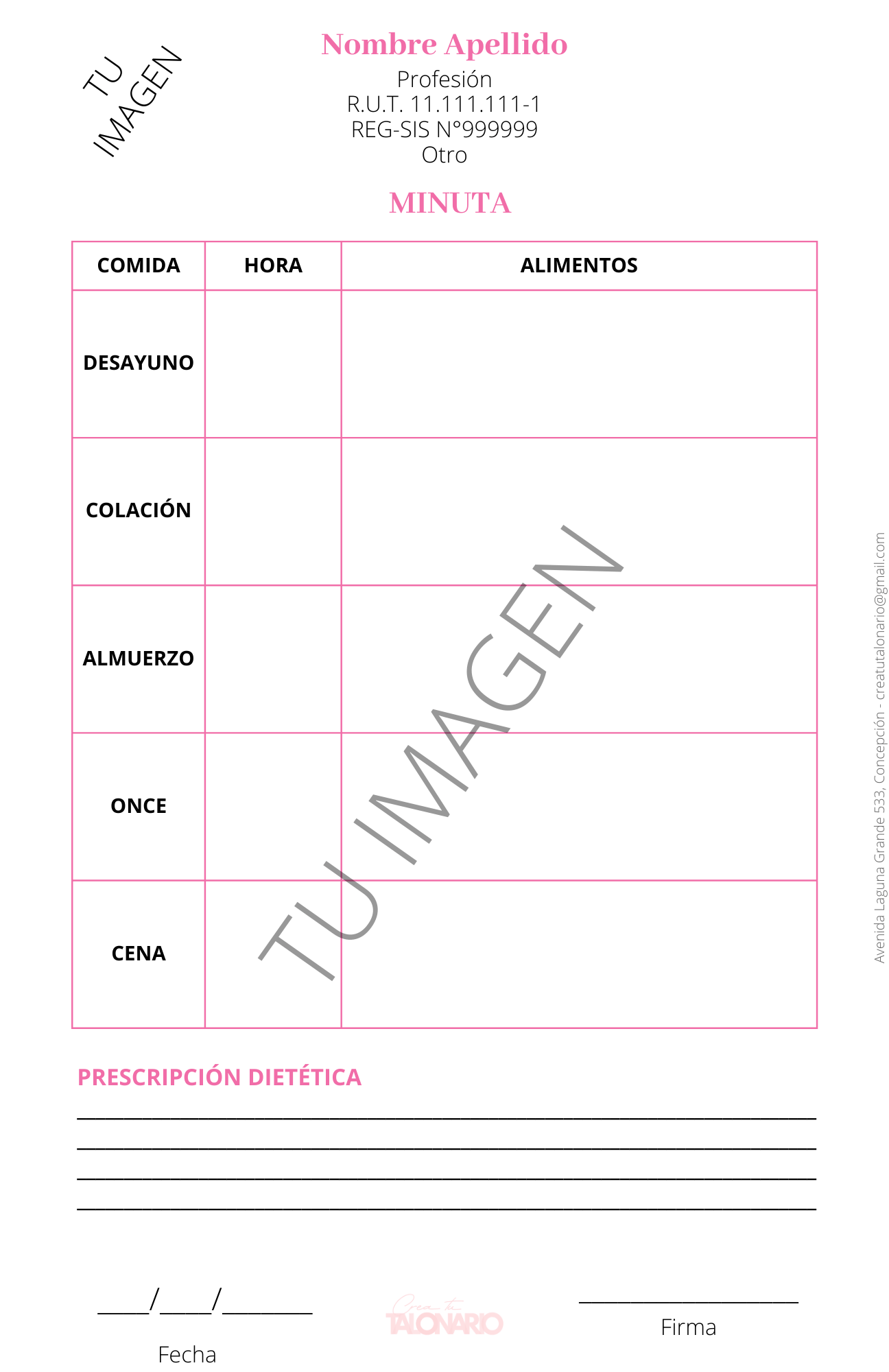 Talonario para Nutricionista personalizado - 100 hojas