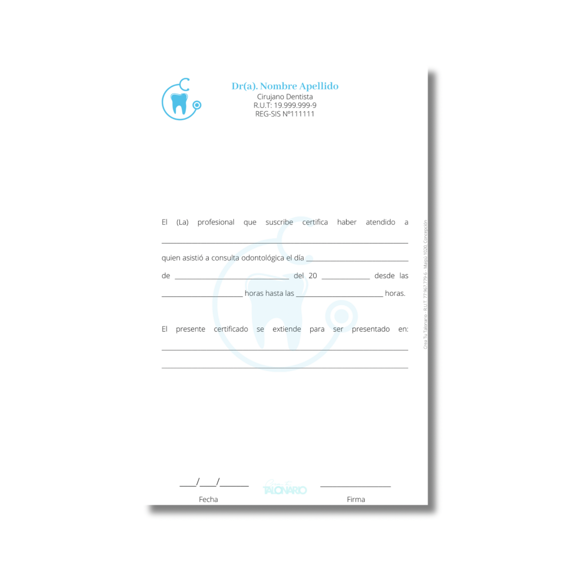 Talonario para odontólogos diseño predeterminado - 100 hojas