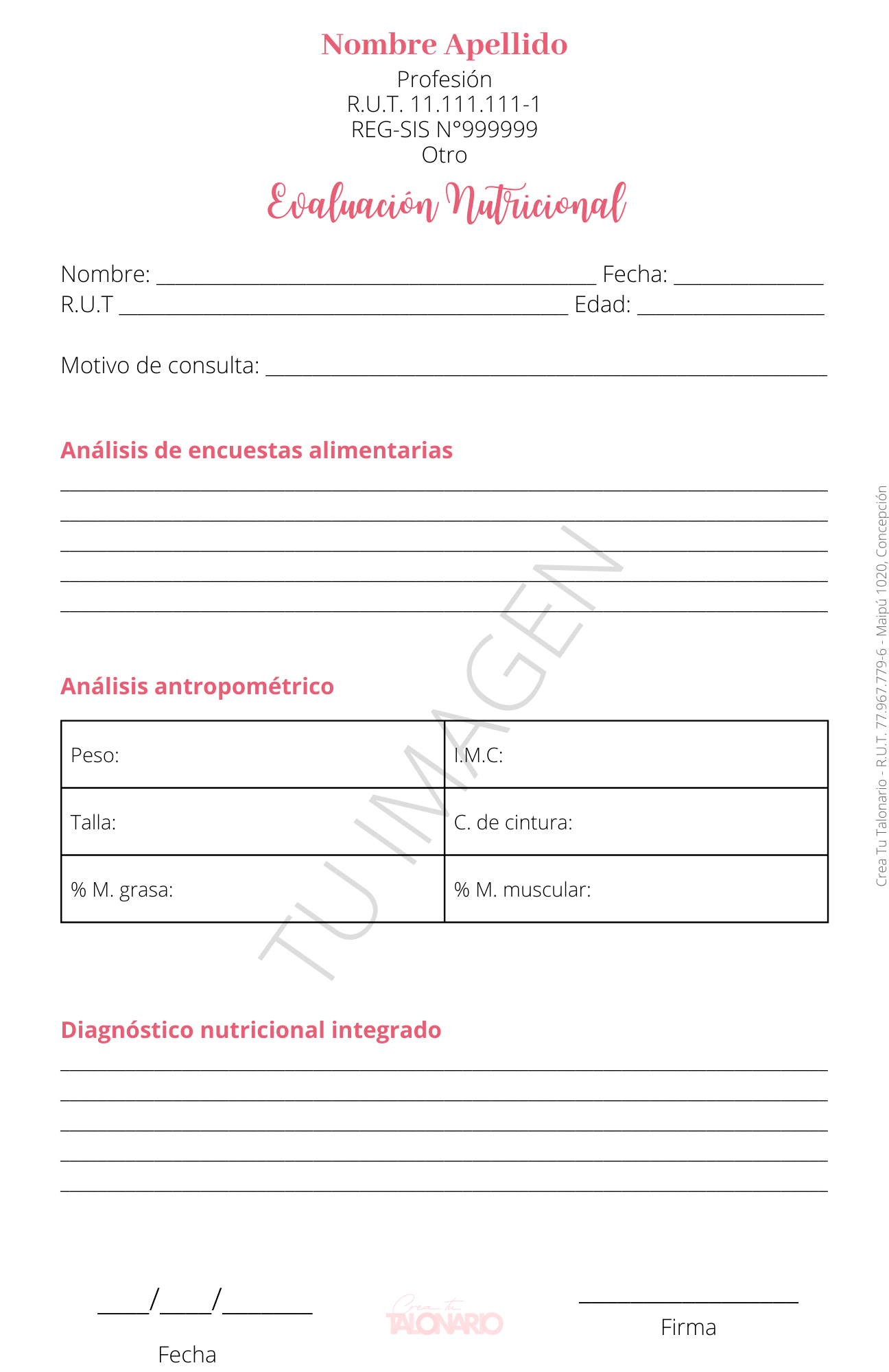 Talonario para Nutricionista personalizado - 100 hojas