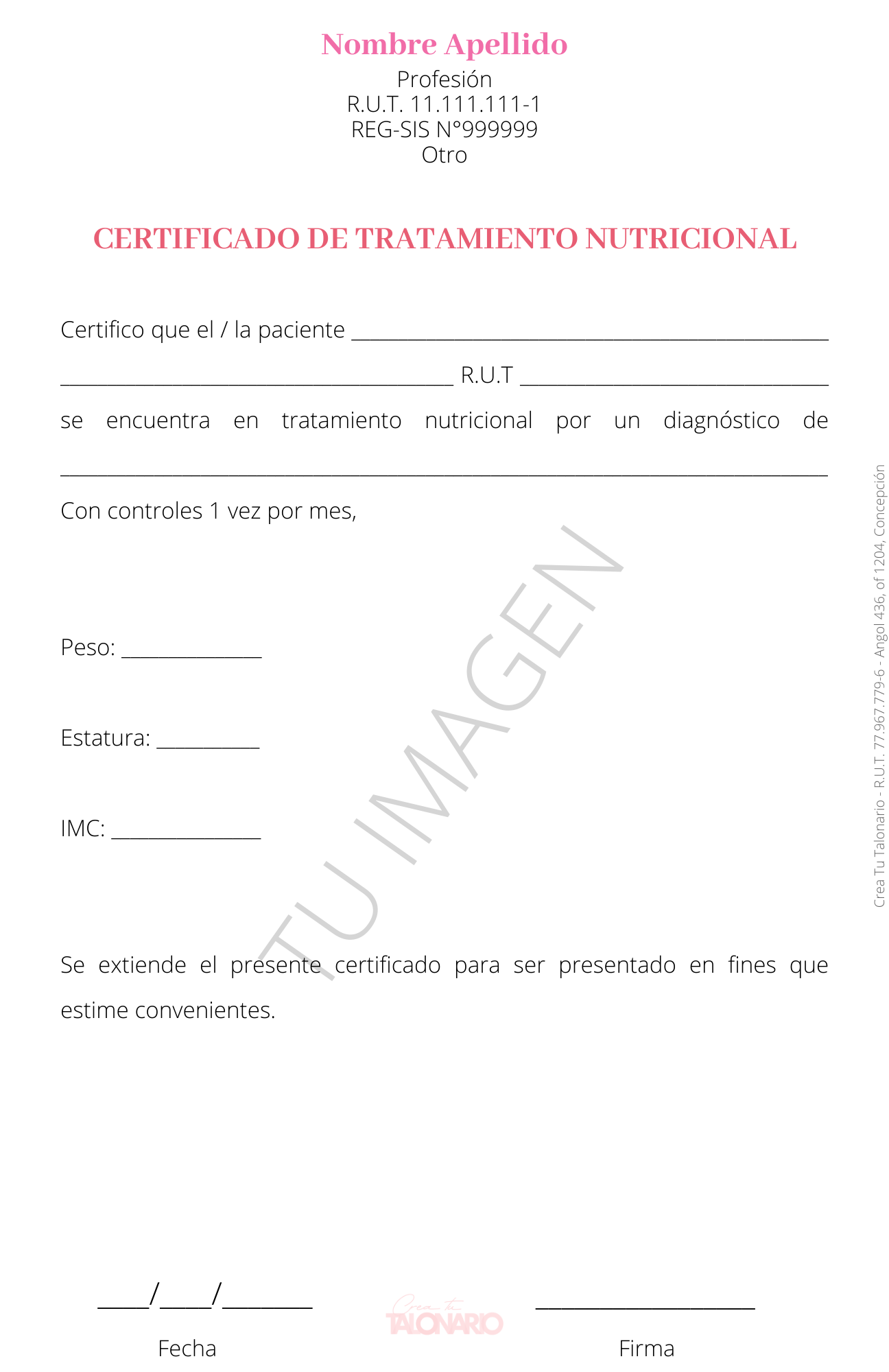 Talonario para Nutricionista personalizado - 100 hojas