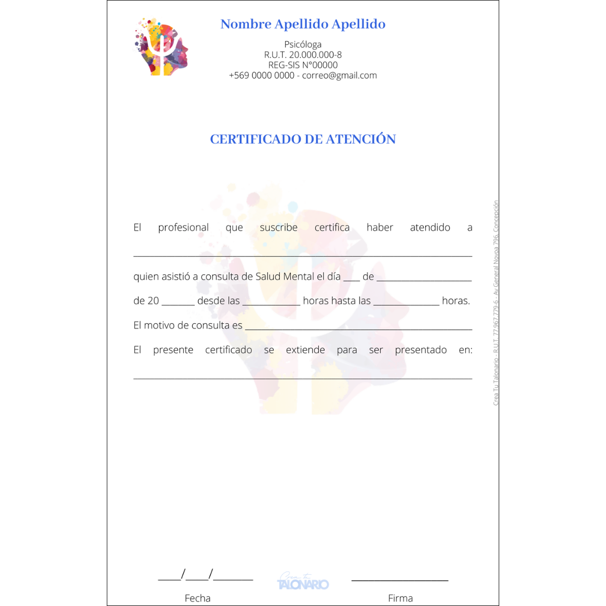 Talonario Certificado de atención personalizado - 100 hojas