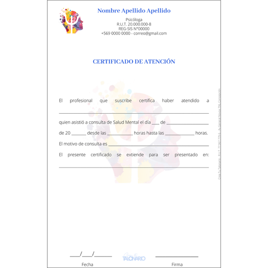 Talonario Certificado de atención personalizado - 100 hojas