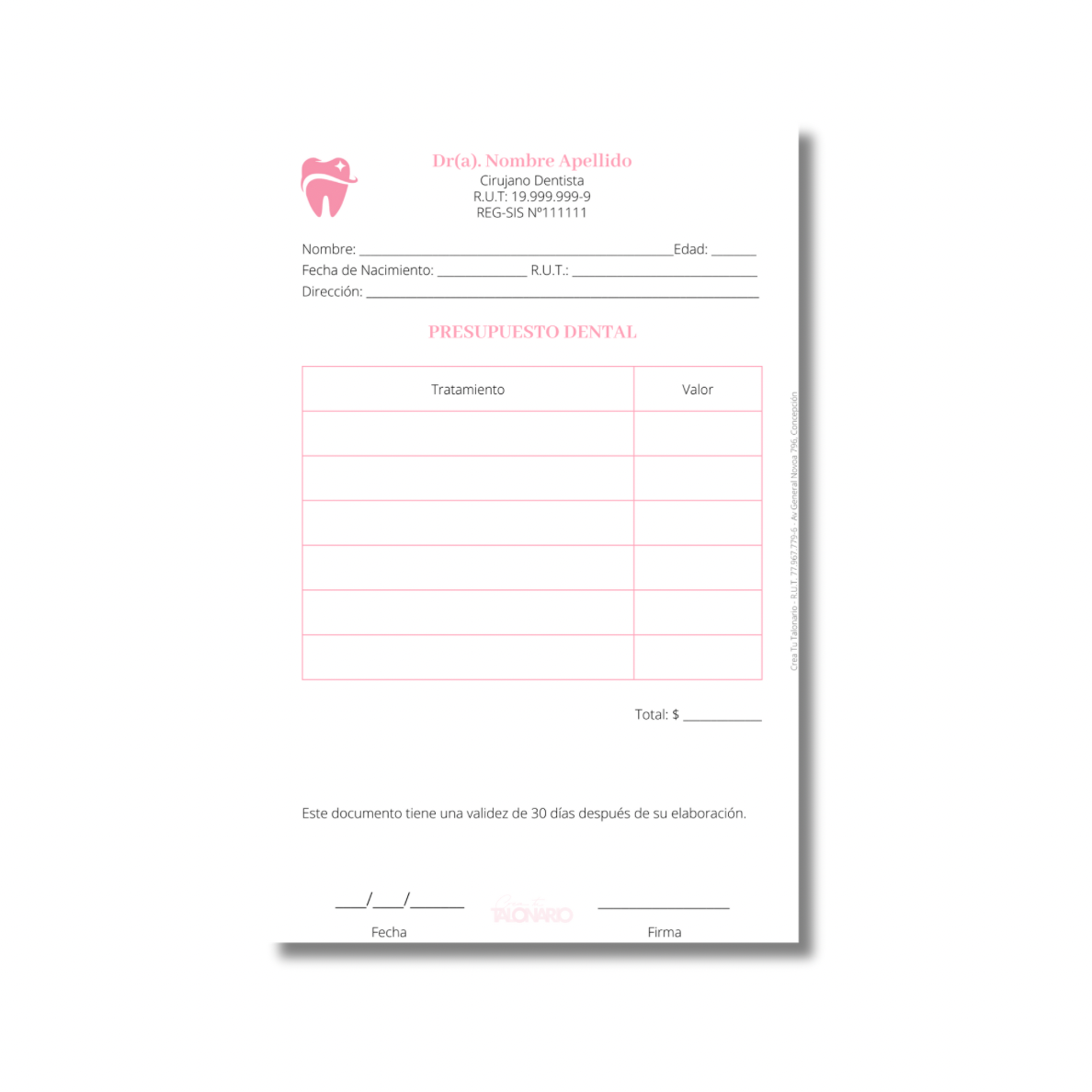 Talonario para odontólogos diseño predeterminado - 100 hojas