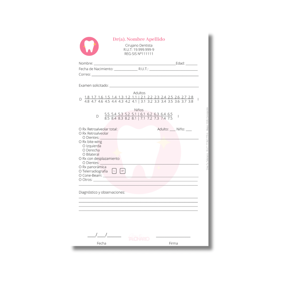 Talonario para odontólogos diseño predeterminado - 100 hojas