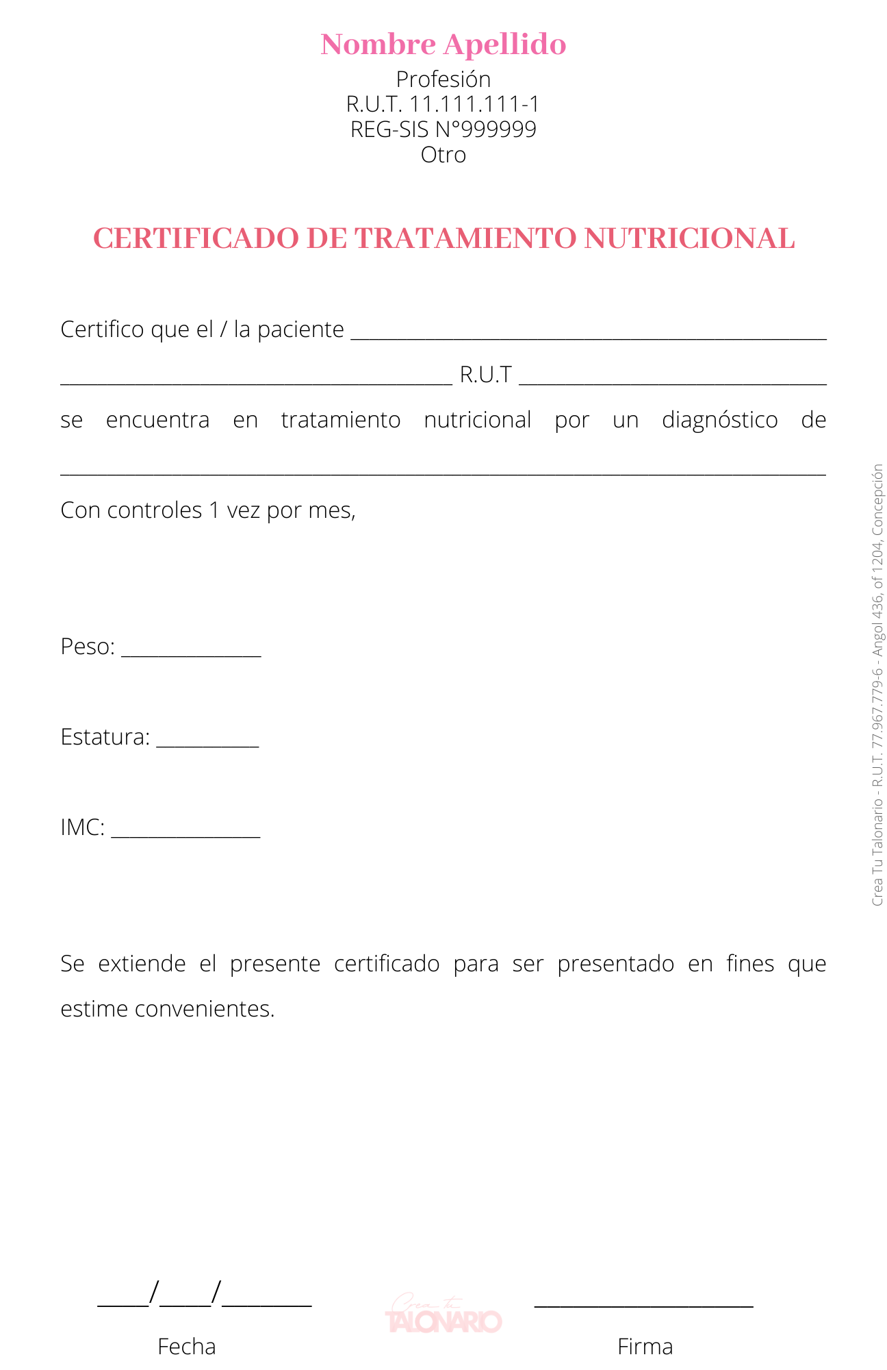 Talonario para Nutricionista personalizado - 100 hojas