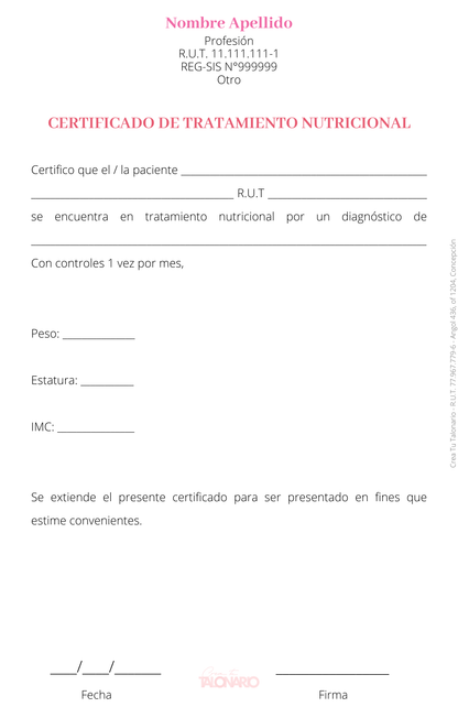 Talonario para Nutricionista personalizado - 100 hojas
