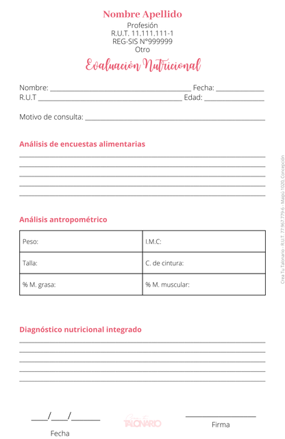 Talonario para Nutricionista personalizado - 100 hojas