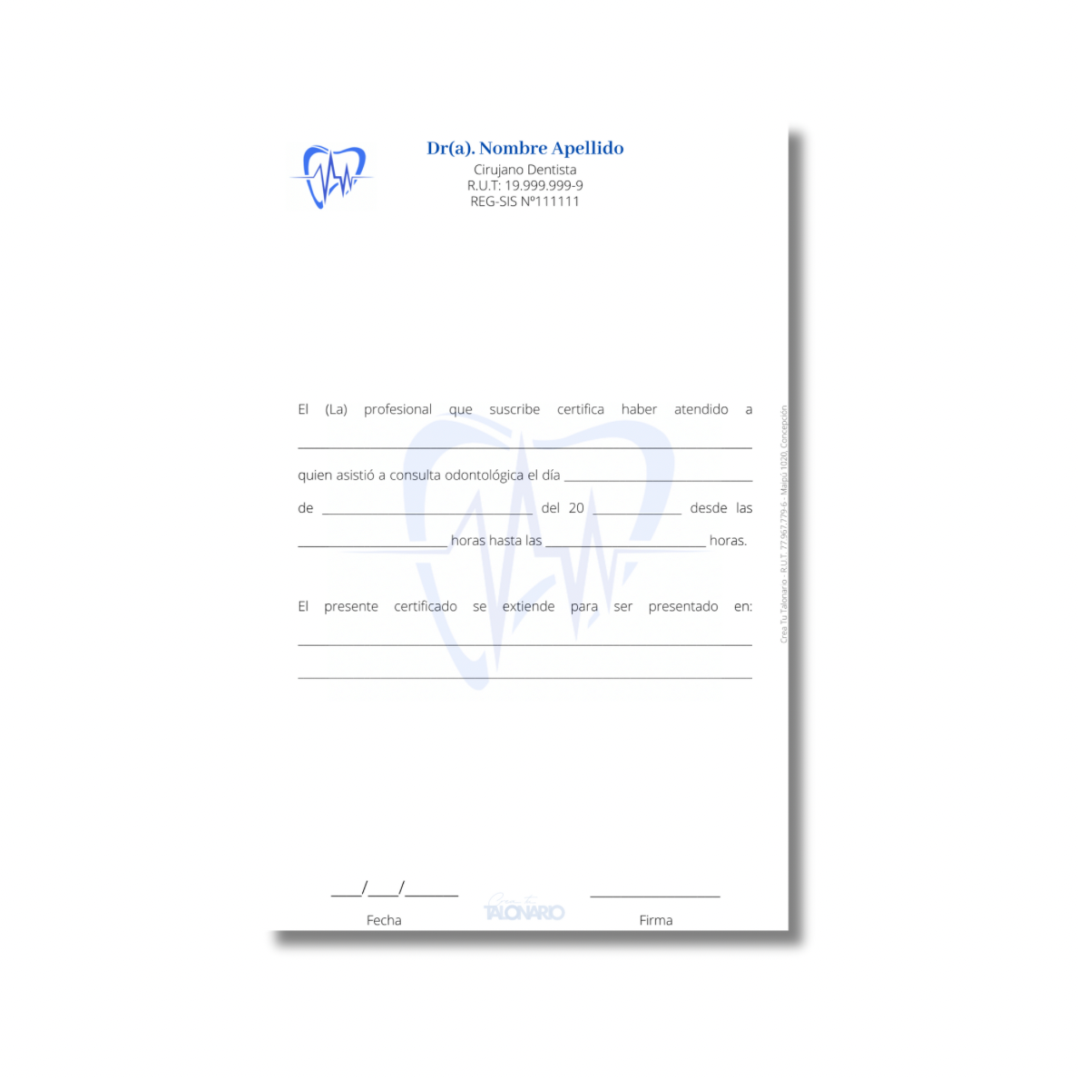 Talonario para odontólogos diseño predeterminado - 100 hojas