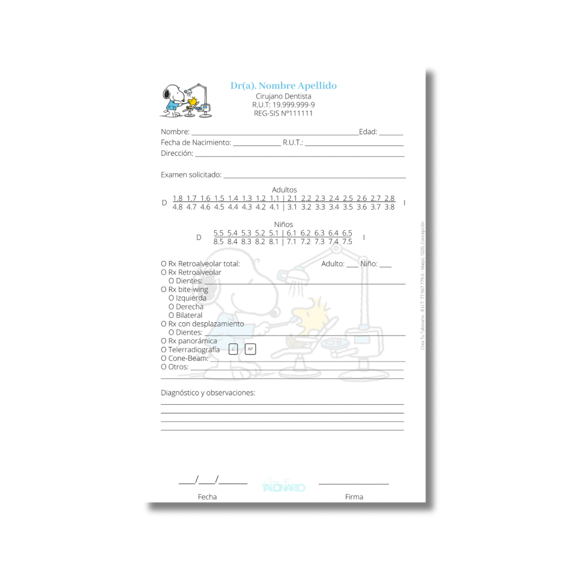 Talonario para odontólogos diseño predeterminado - 100 hojas
