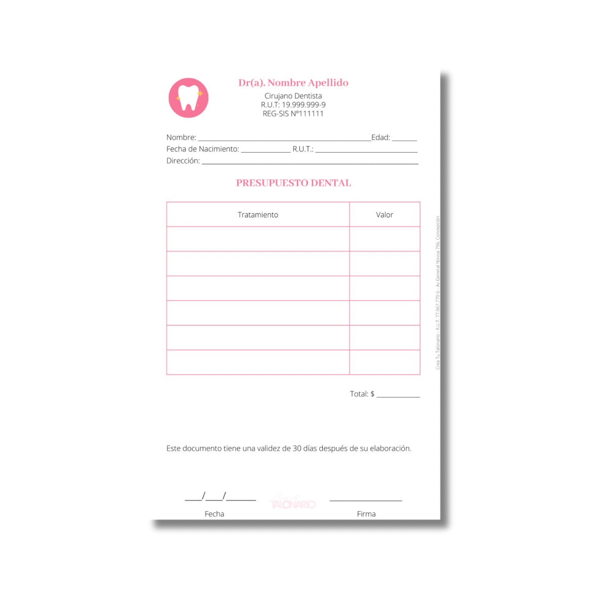 Talonario para odontólogos diseño predeterminado - 100 hojas