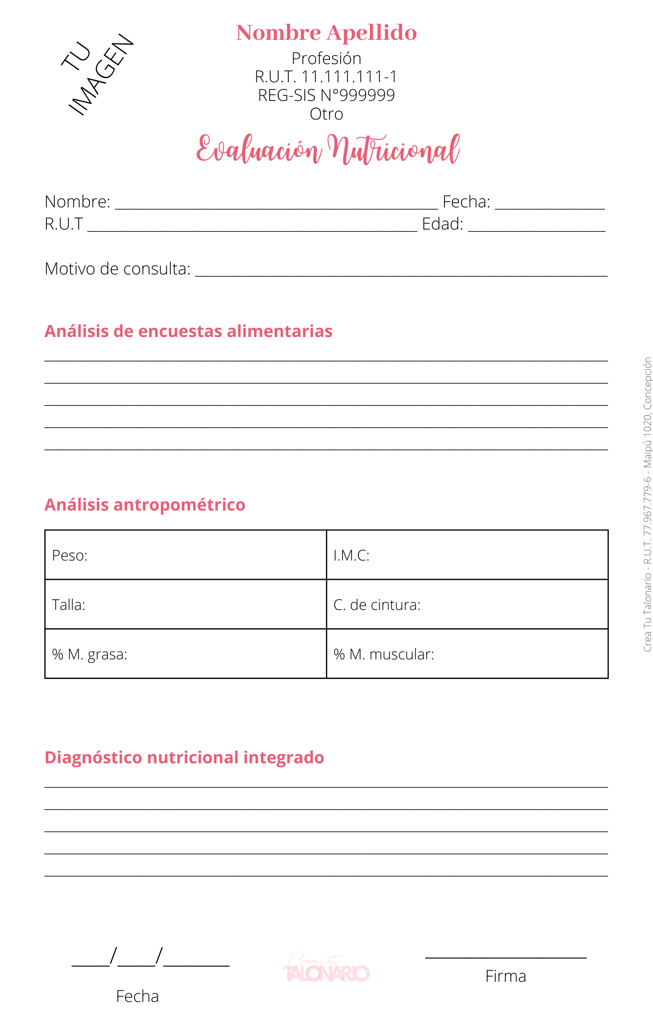 Talonario para Nutricionista personalizado - 100 hojas