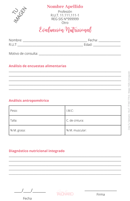 Talonario para Nutricionista personalizado - 100 hojas