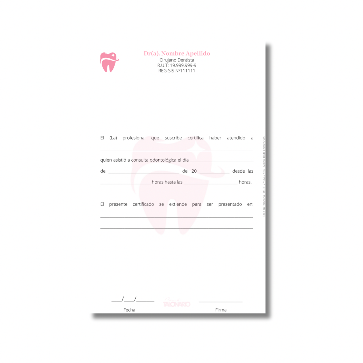 Talonario para odontólogos diseño predeterminado - 100 hojas