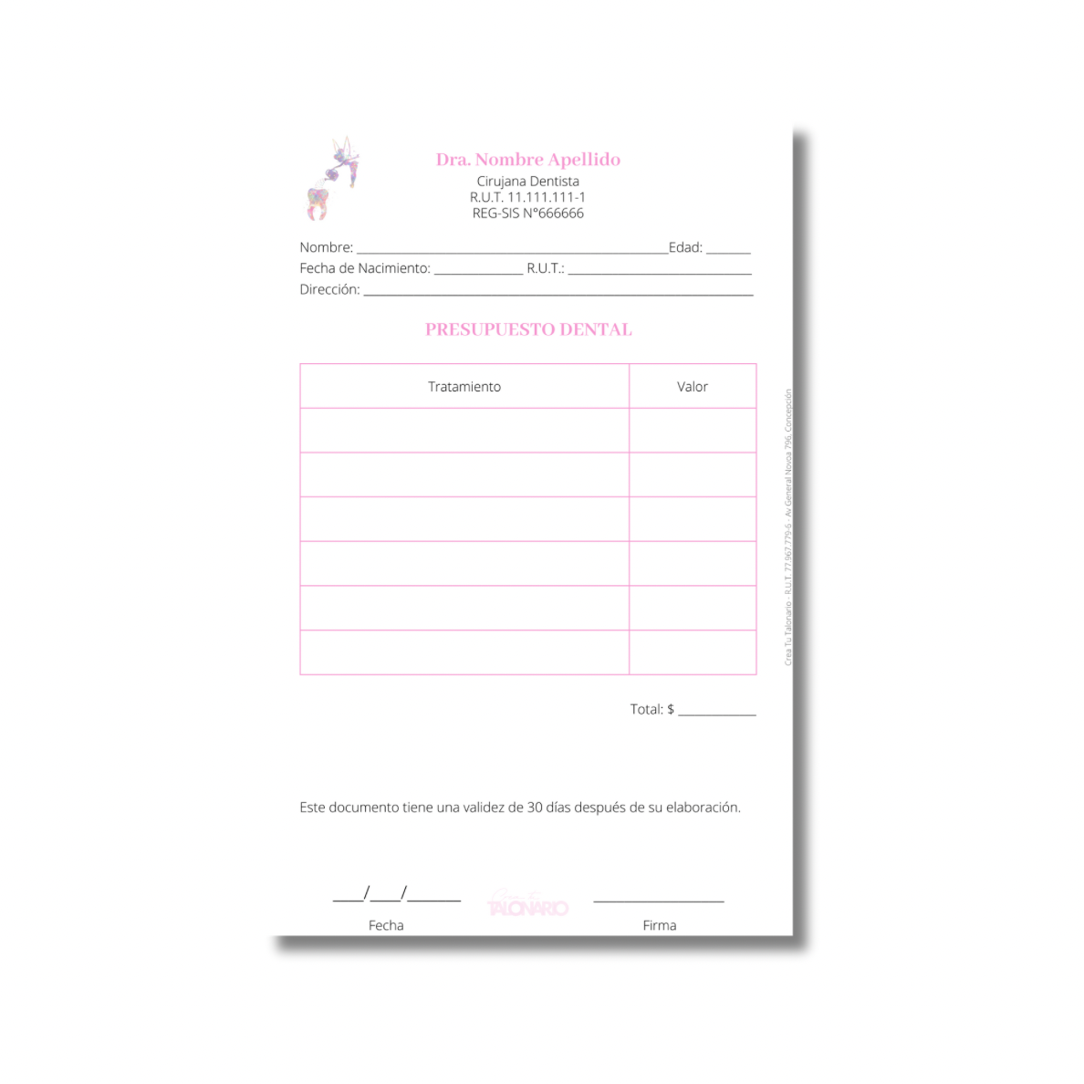 Talonario para odontólogos diseño predeterminado - 100 hojas