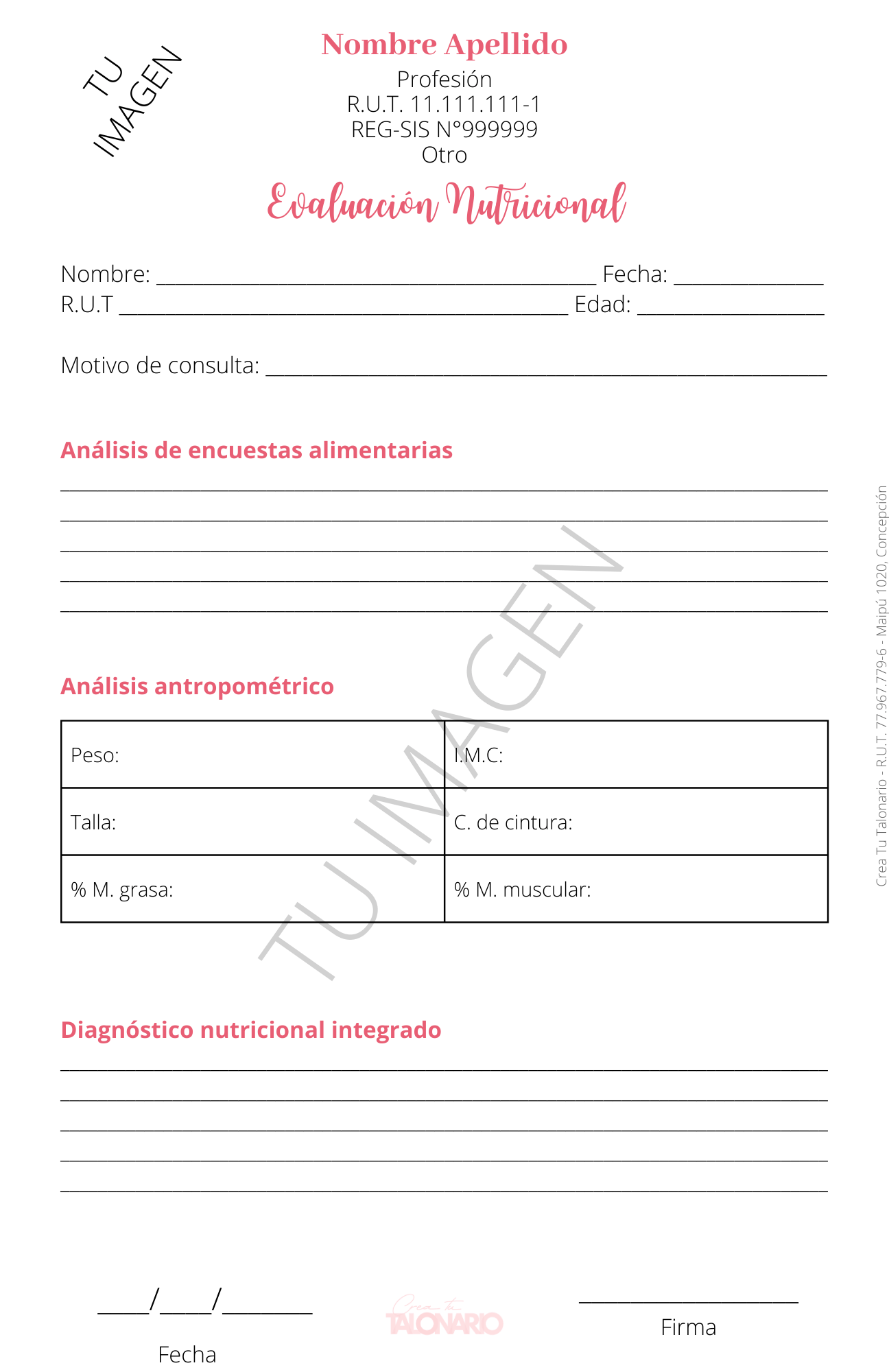 Talonario para Nutricionista personalizado - 100 hojas