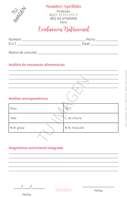 Talonario para Nutricionista personalizado - 100 hojas