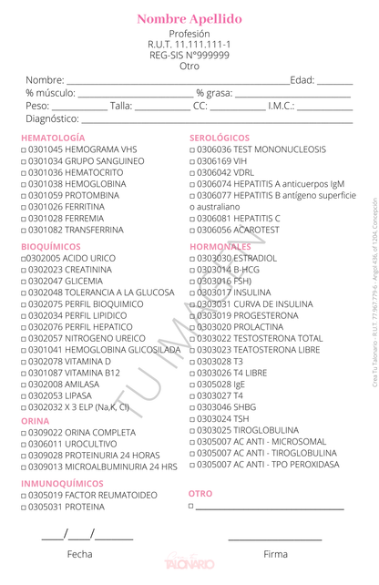 Talonario para Nutricionista personalizado - 100 hojas