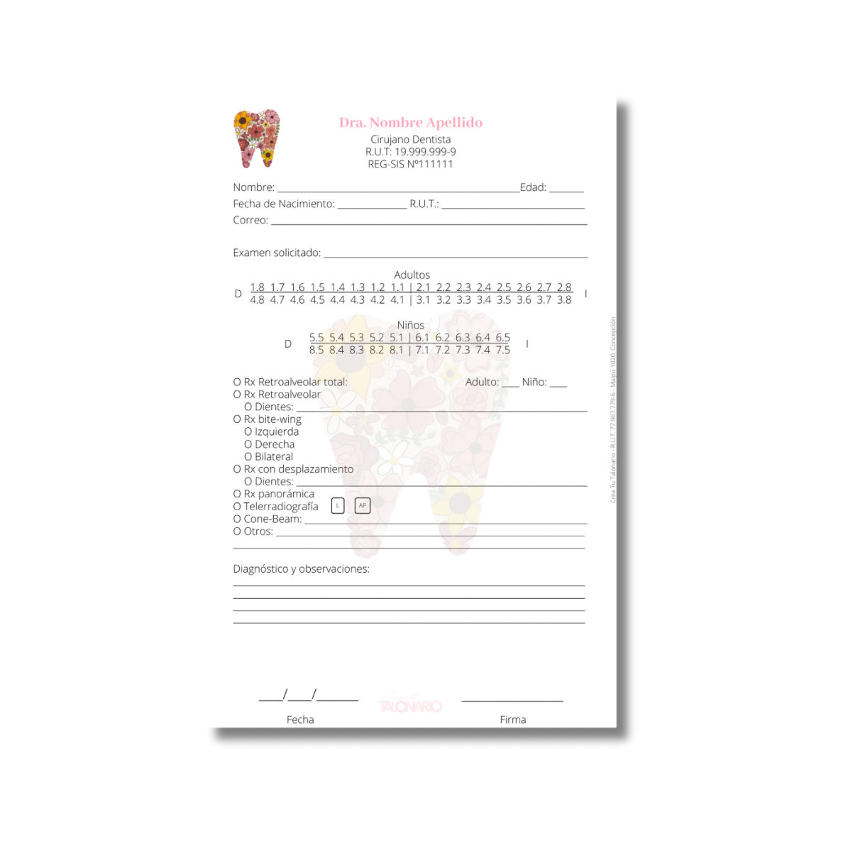 Talonario para odontólogos diseño predeterminado - 100 hojas