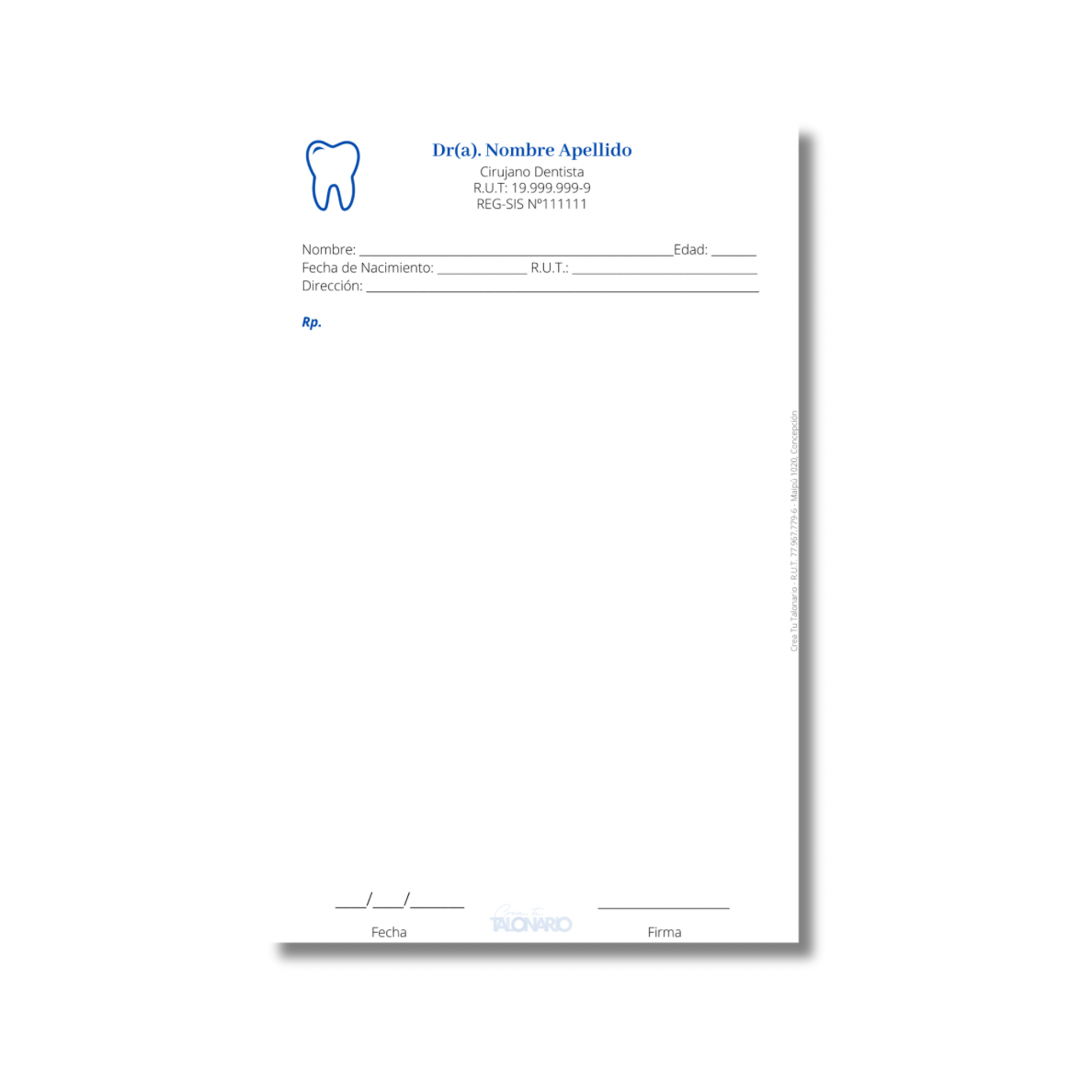 Talonario para odontólogos diseño predeterminado - 100 hojas