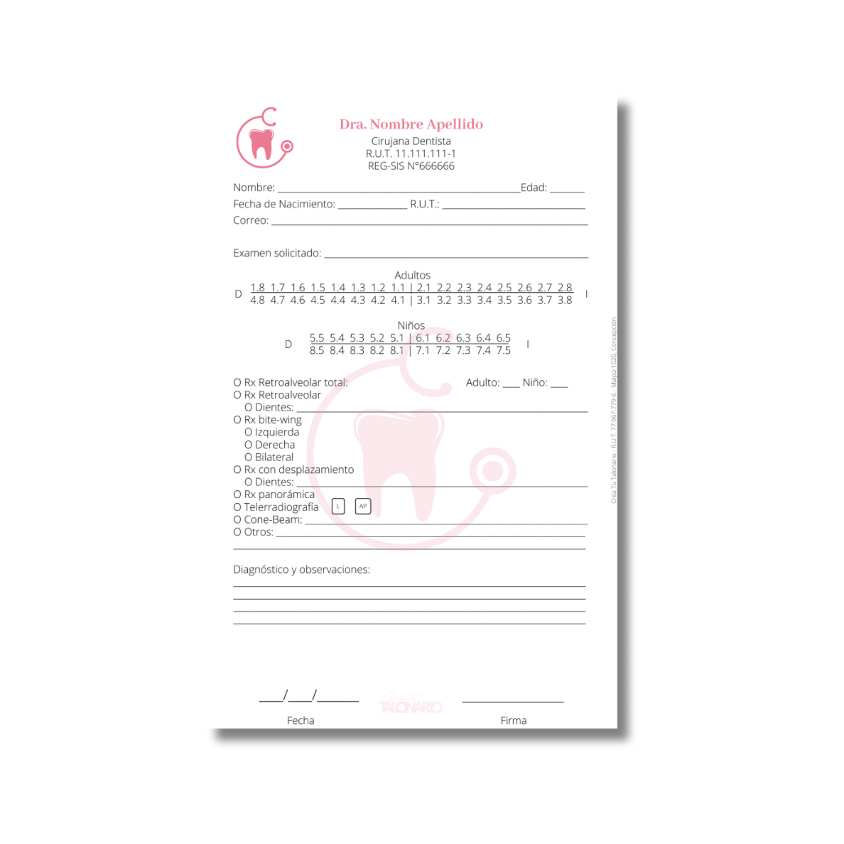 Talonario para odontólogos diseño predeterminado - 100 hojas