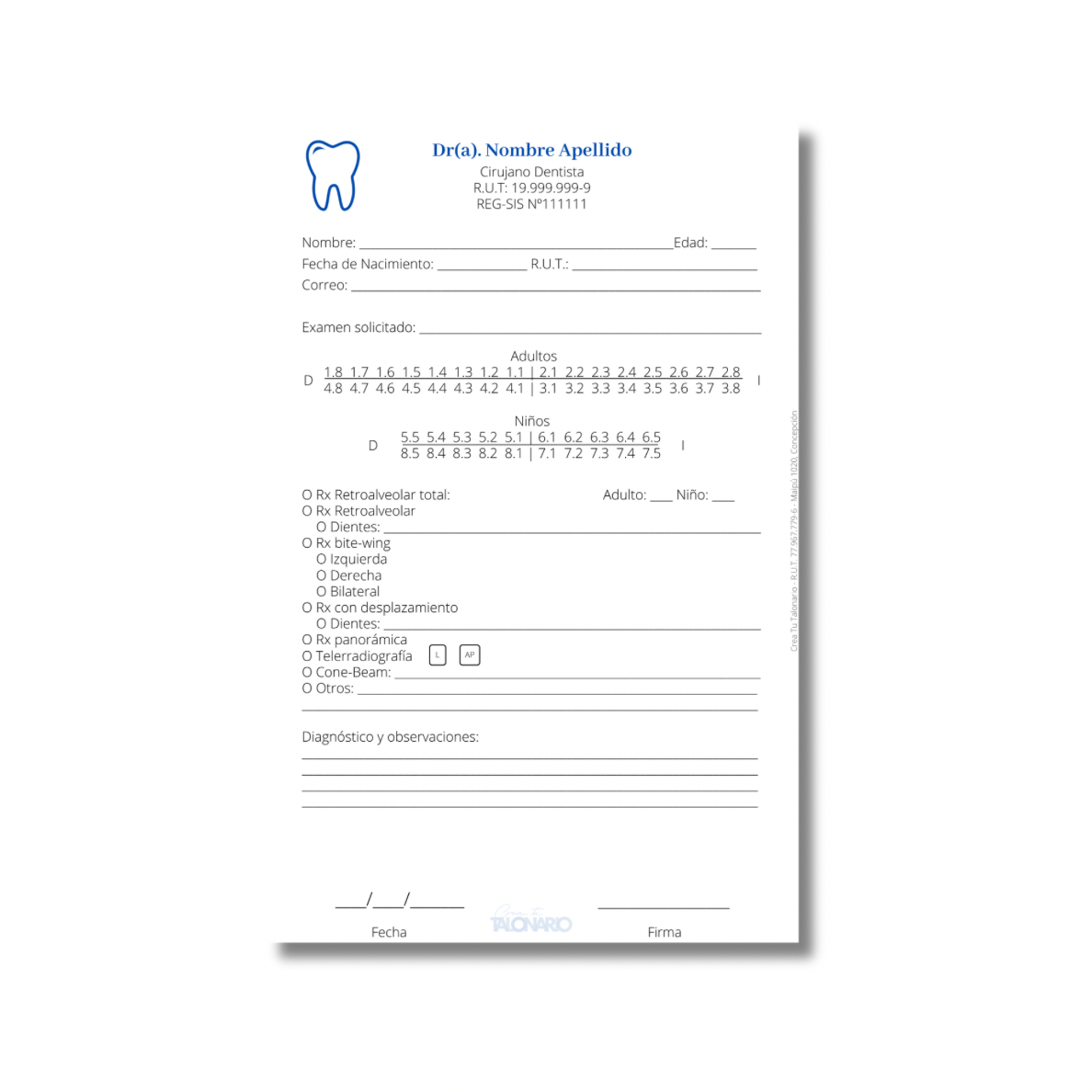 Talonario para odontólogos diseño predeterminado - 100 hojas