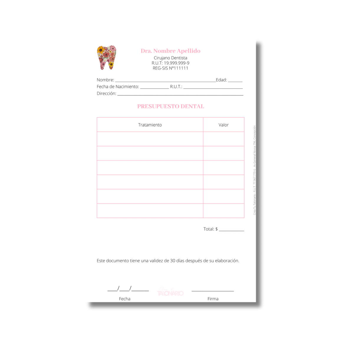 Talonario para odontólogos diseño predeterminado - 100 hojas