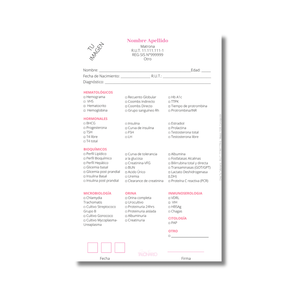 Talonario para matrona personalizado - 100 hojas