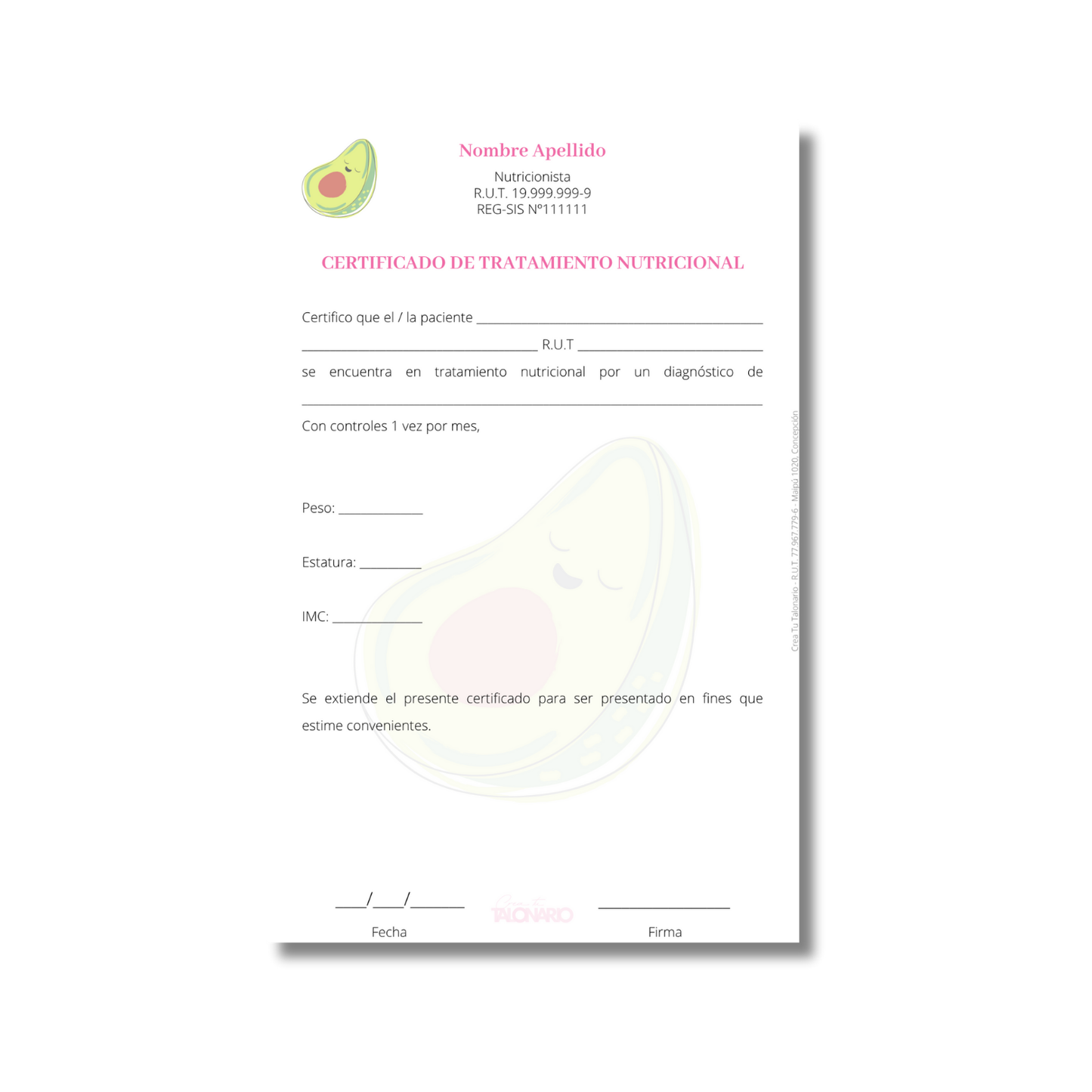 Talonario para nutricionistas diseño predeterminado - 100 hojas