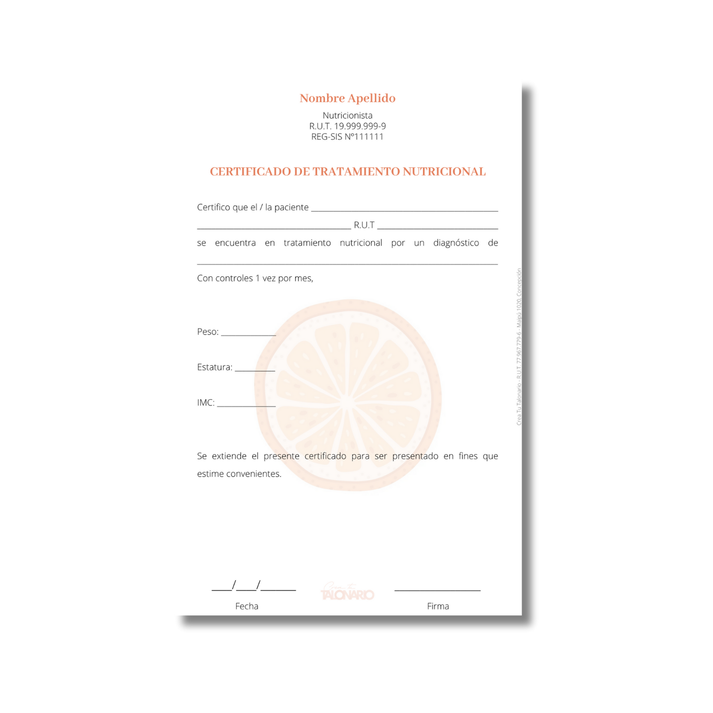 Talonario para nutricionistas diseño predeterminado - 100 hojas