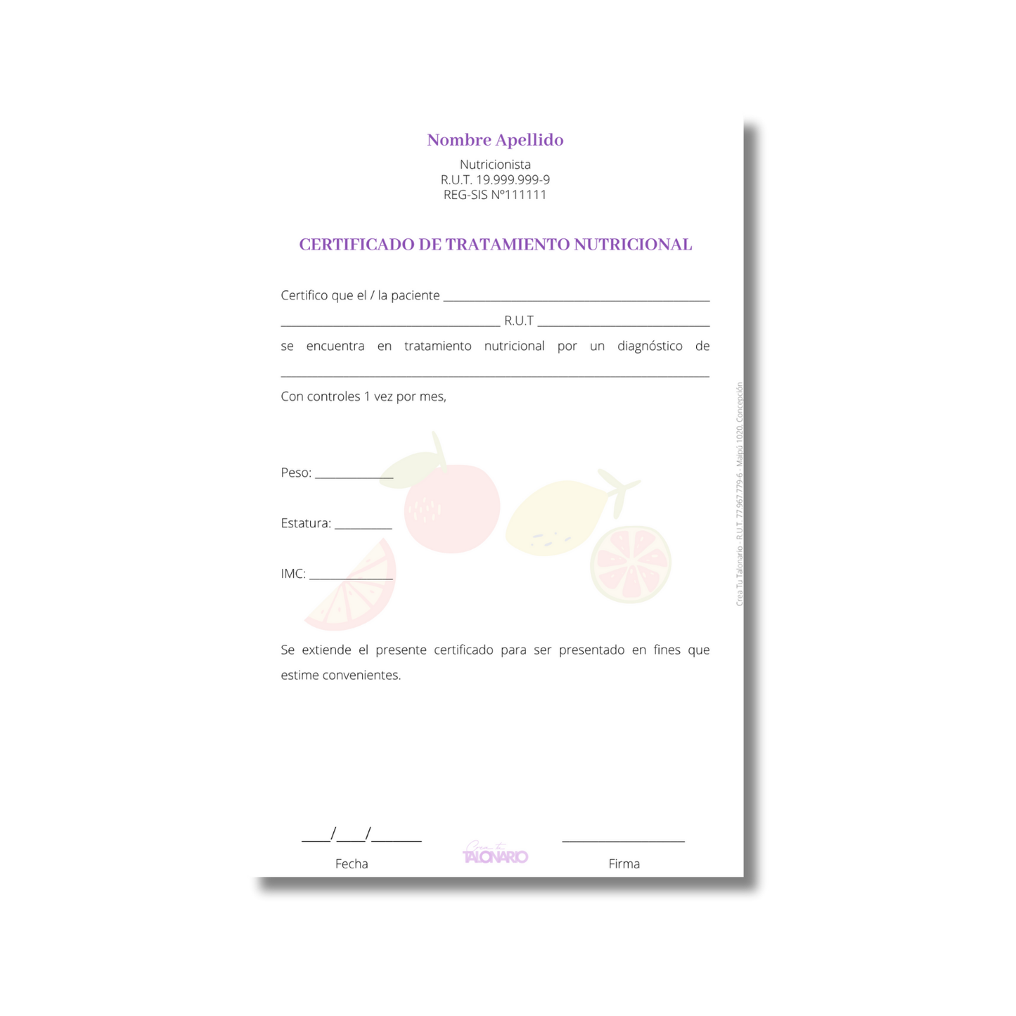 Talonario para nutricionistas diseño predeterminado - 100 hojas