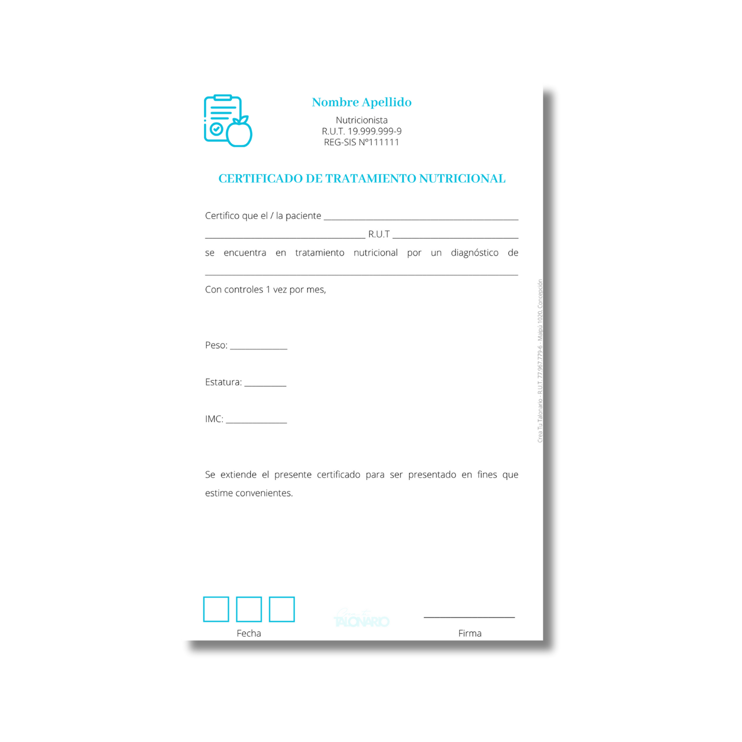 Talonario para nutricionistas diseño predeterminado - 100 hojas