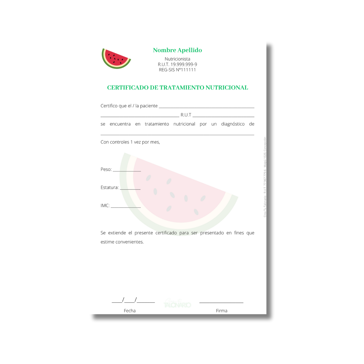 Talonario para nutricionistas diseño predeterminado - 100 hojas