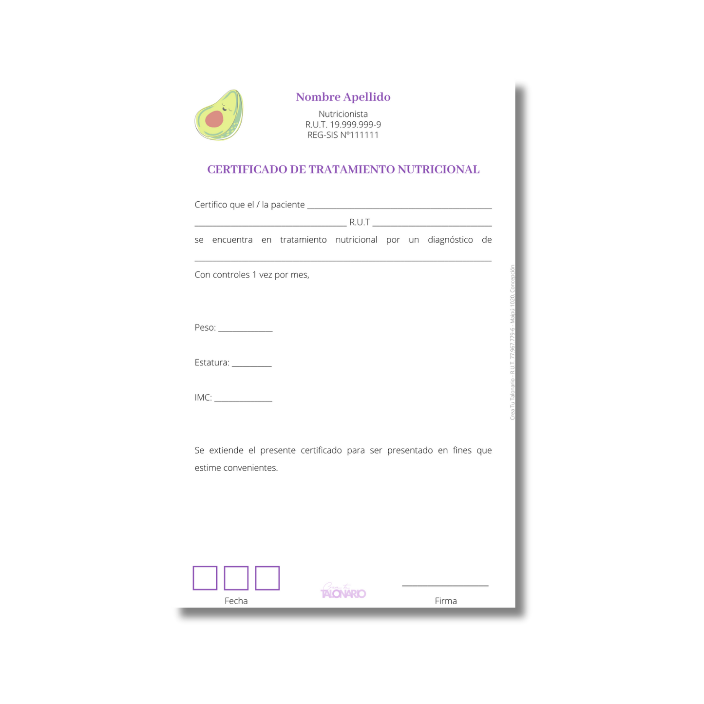 Talonario para nutricionistas diseño predeterminado - 100 hojas