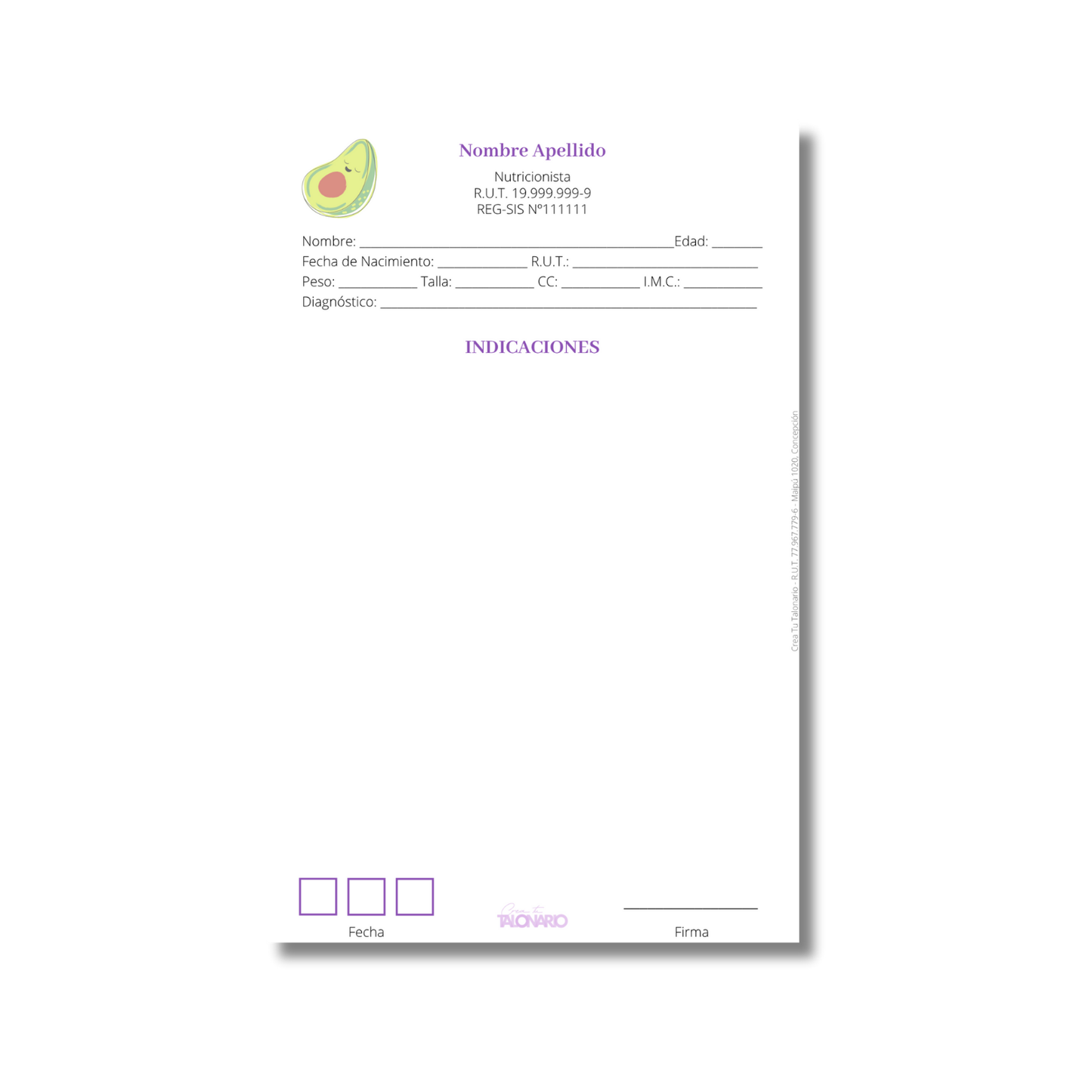 Talonario para nutricionistas diseño predeterminado - 100 hojas