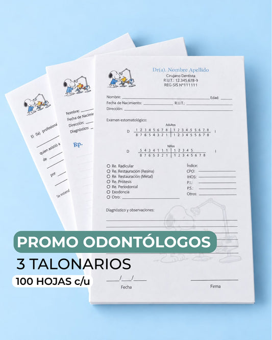 PROMO 3 Talonarios para odontólogos diseño predeterminado - 100 hojas